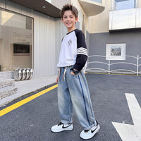 Boys Light Blue Striped Baggy Fit Denim Jeans Pants Light Blue 5-6 Y