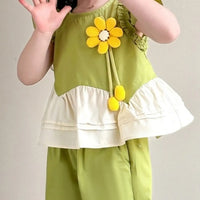 Girls Green Flower Applique Peplum Top With Pant Sets Sets