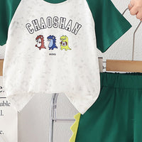 Boys Green Raglan Sleeves Dinosaur Printed T-Shirt With Shorts Set 2 pc. Sets