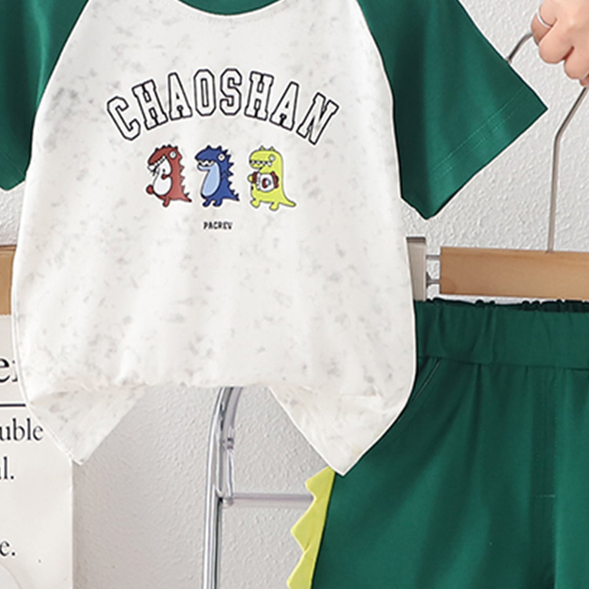 Boys Green Raglan Sleeves Dinosaur Printed T-Shirt With Shorts Set 2 pc. Sets