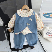 Girls Light Blue Denim Vest With Printed Top & Denim Pants Set Sets Light Blue 1-2 Y