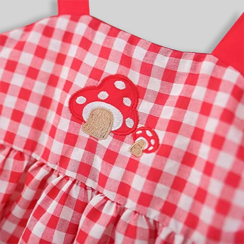 Girls Red Checked Mushroom Embroidered Fit & Flare Dress Casual Dresses