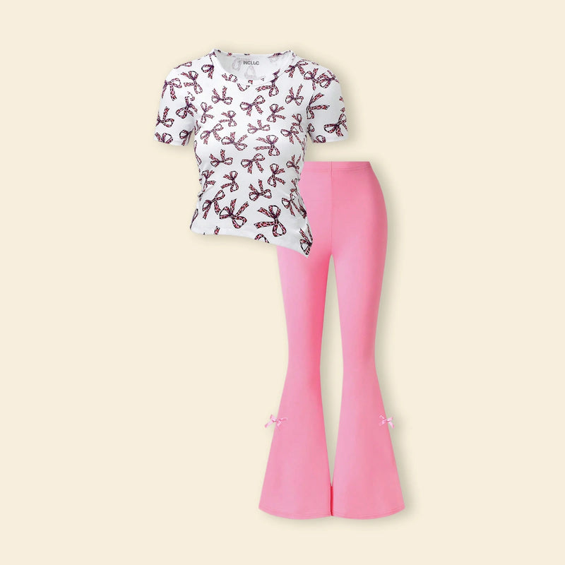 Girls White All-over Bow Print Top With Flared Pants Sets Sets