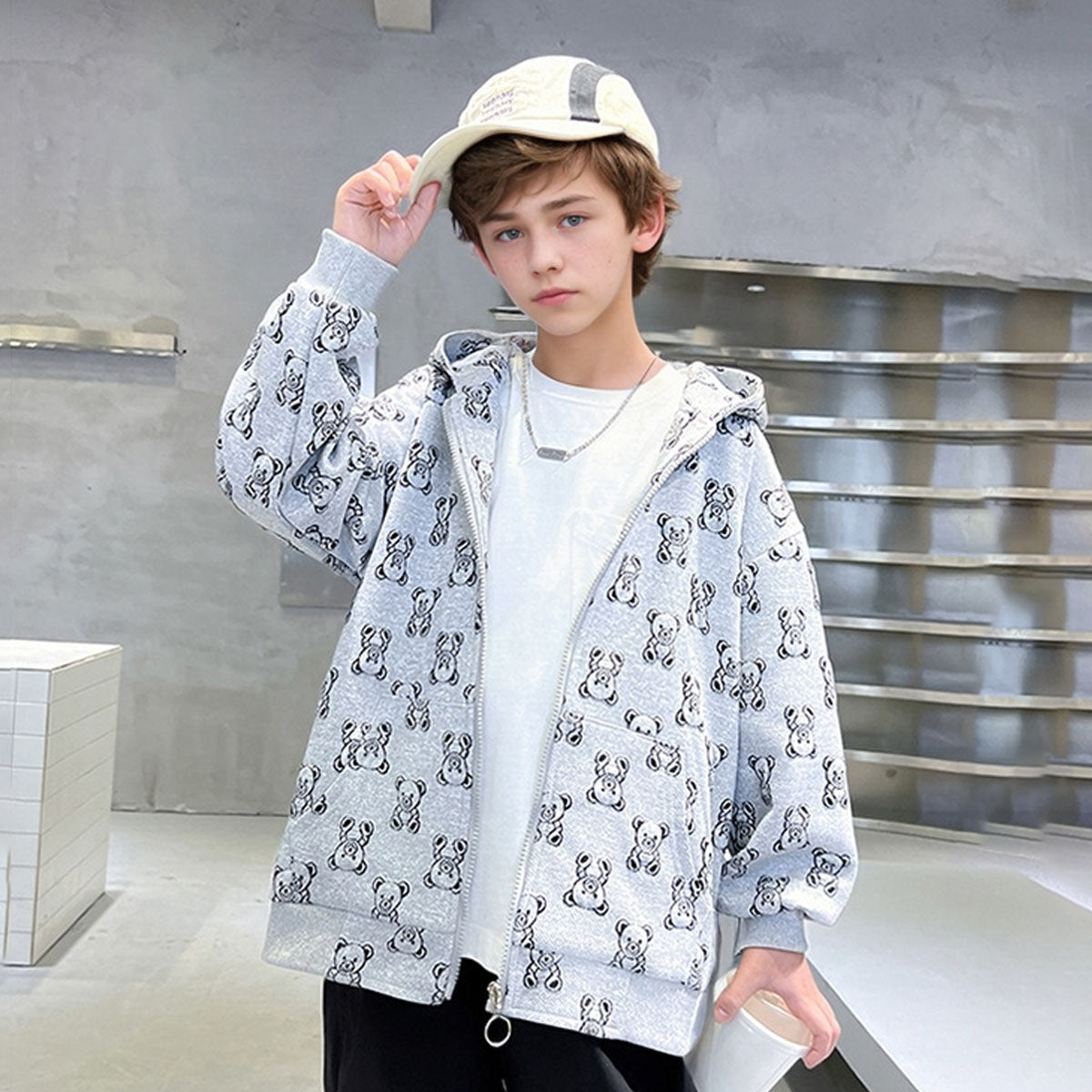 Boys Grey Teddy Printed Hooded Front Zipper Winter Jacket Sweatshirts & Hoodies Grey 5-6 Y
