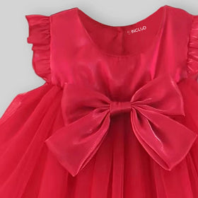Girls Red Ruffled Tulle Overlay Fit & Flare Dress With Bow Detail Casual Dresses