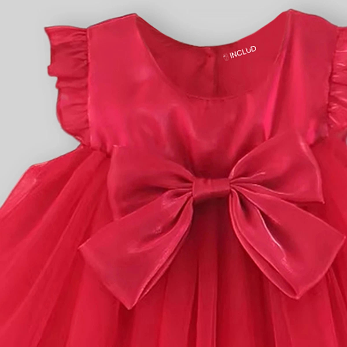 Girls Red Ruffled Tulle Overlay Fit & Flare Dress With Bow Detail Casual Dresses