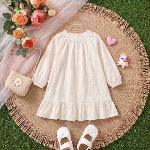 Girls Off White Floral Self-Design Puff Sleeve A-Line Dress Casual Dresses Off White 1-2 Y