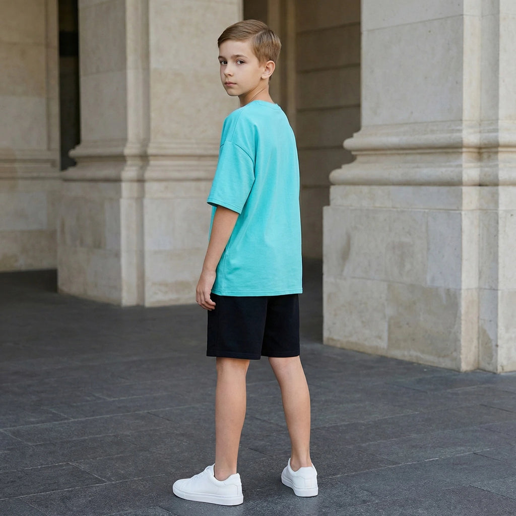 Boys Light Blue Graphics Short Sleeves Oversized T-Shirt With Shorts Set Sets