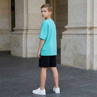 Boys Light Blue Graphics Short Sleeves Oversized T-Shirt With Shorts Set Sets