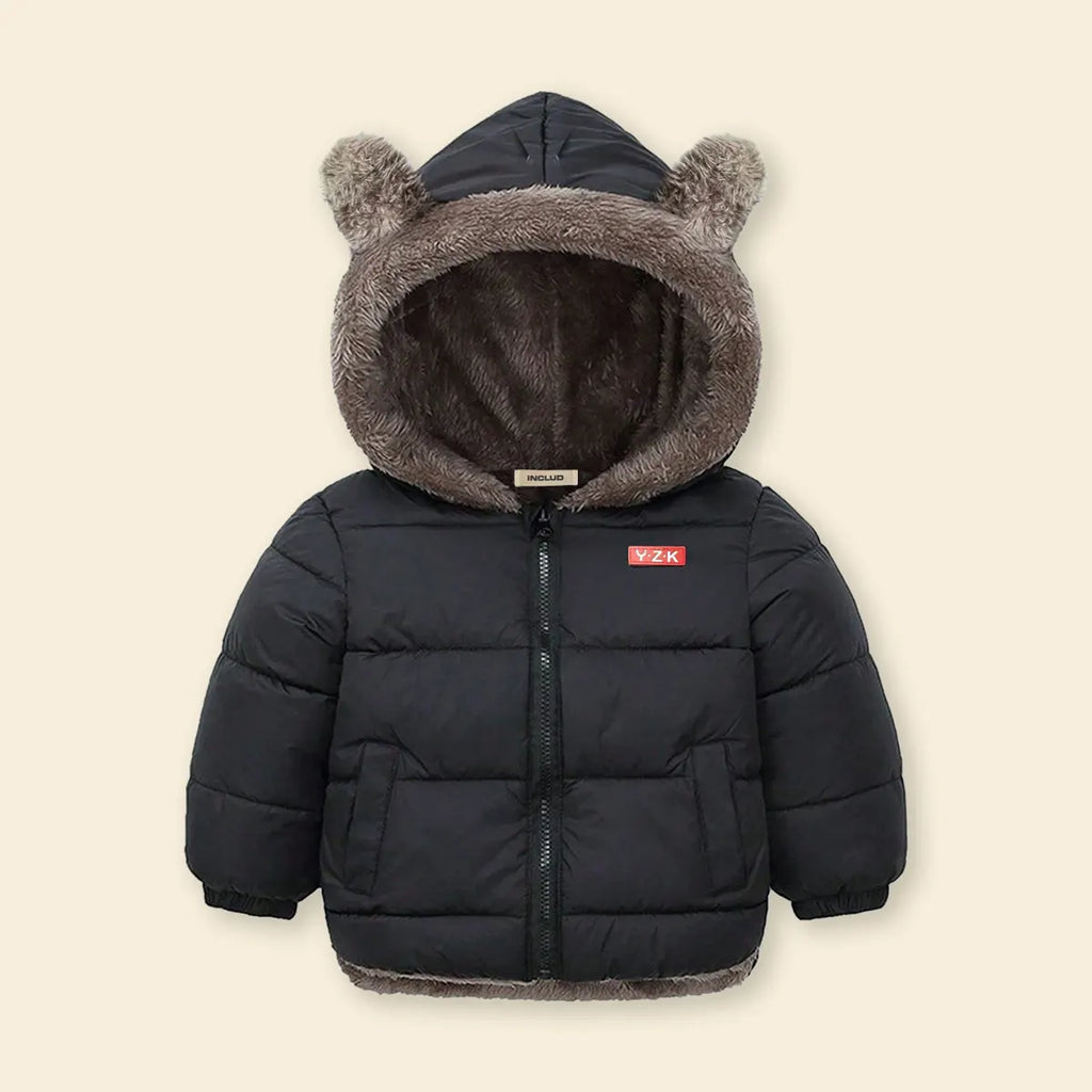 Boys Black Zip-up Puffer Jacket With Bear Ear On Hood Coats & Jackets
