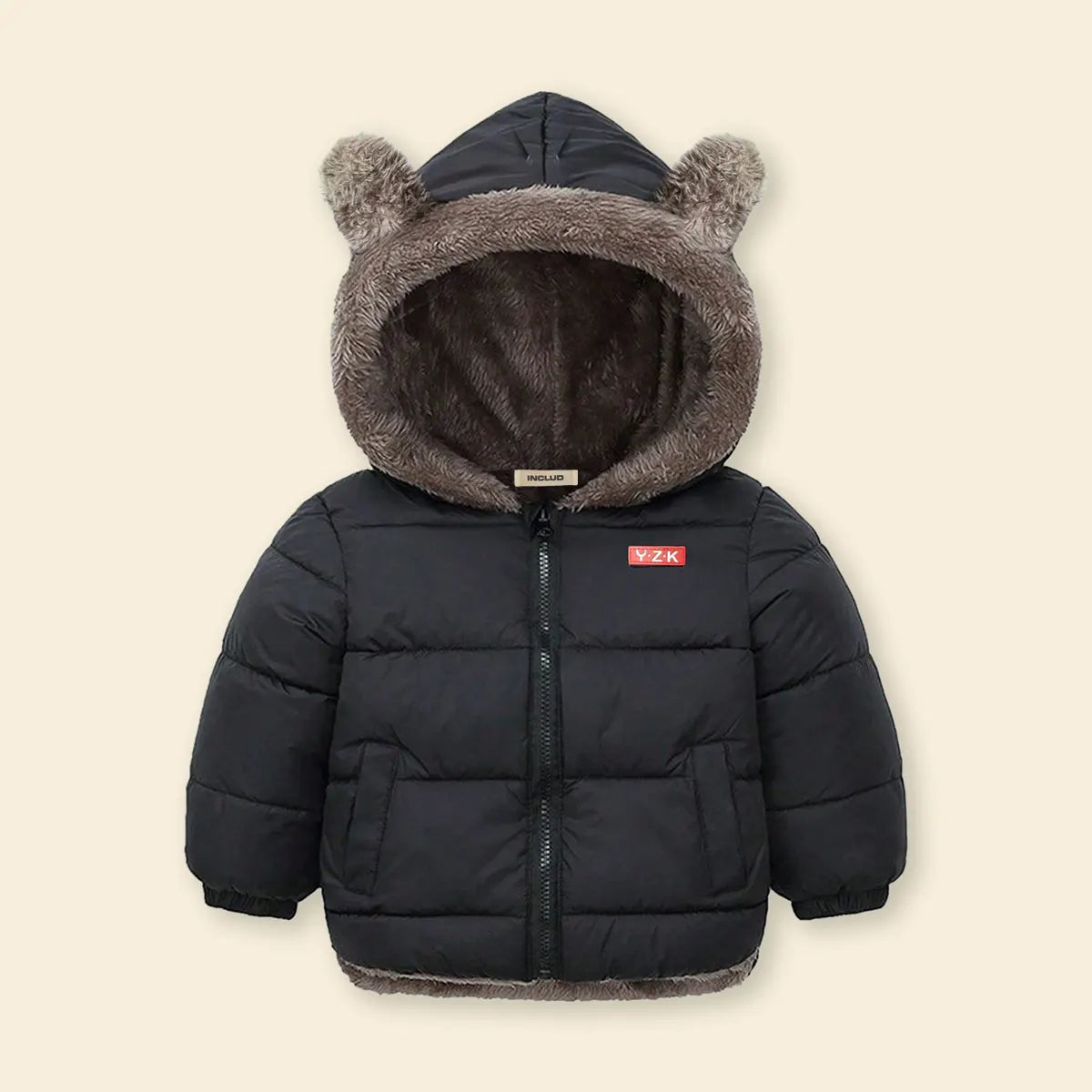 Boys Black Zip-up Puffer Jacket With Bear Ear On Hood Coats & Jackets