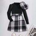 Girls Stand Collar Rib Top With Black Checked Skirt & Beret Hat Set Sets Black 7-8 Y