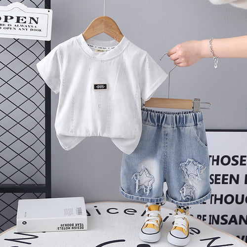 Boys White Short Sleeve Printed T-Shirt With Denim Shorts Set 2 pc. Sets White 1-2 Y