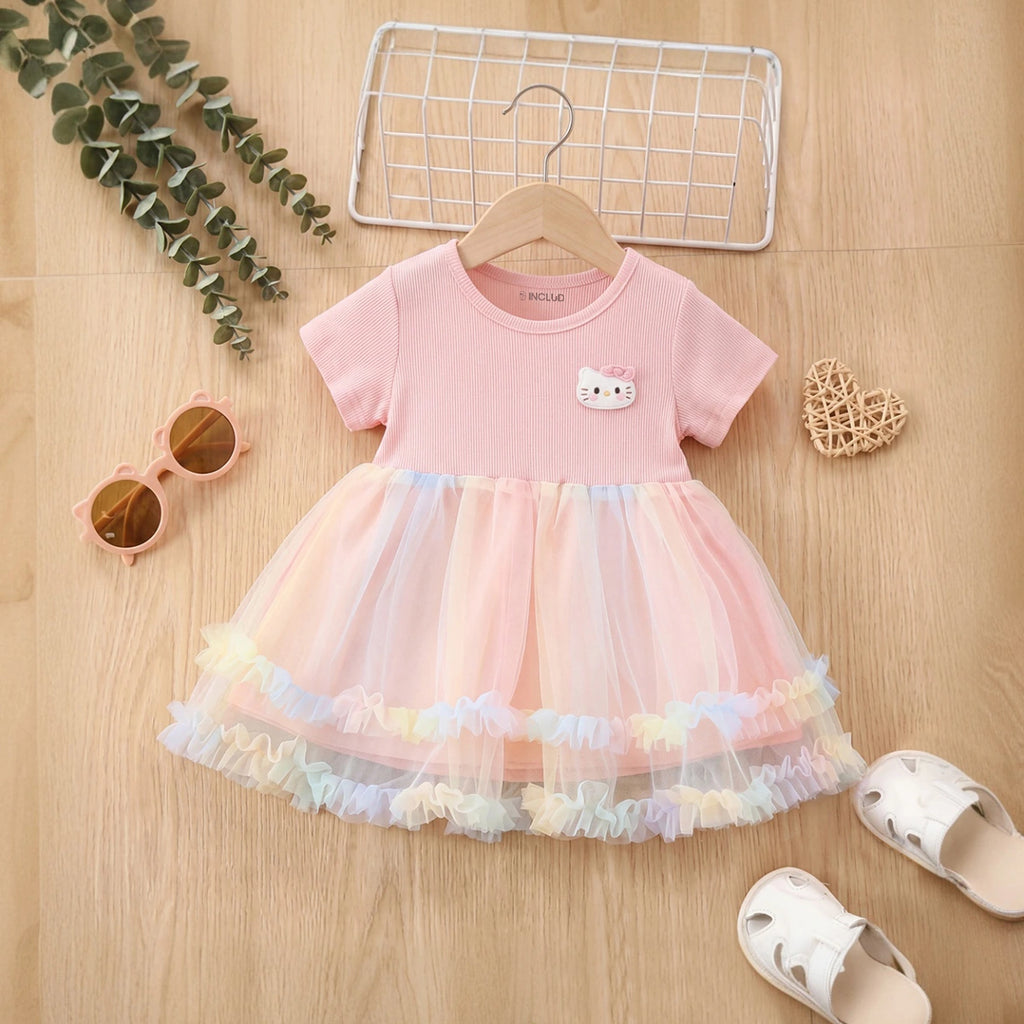 Girls Pink Kitty Applique Short Sleeve Ruffled Hem Fit & Flare Dress Casual Dresses Pink 1-2 Y