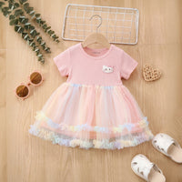 Girls Pink Kitty Applique Short Sleeve Ruffled Hem Fit & Flare Dress Casual Dresses Pink 1-2 Y