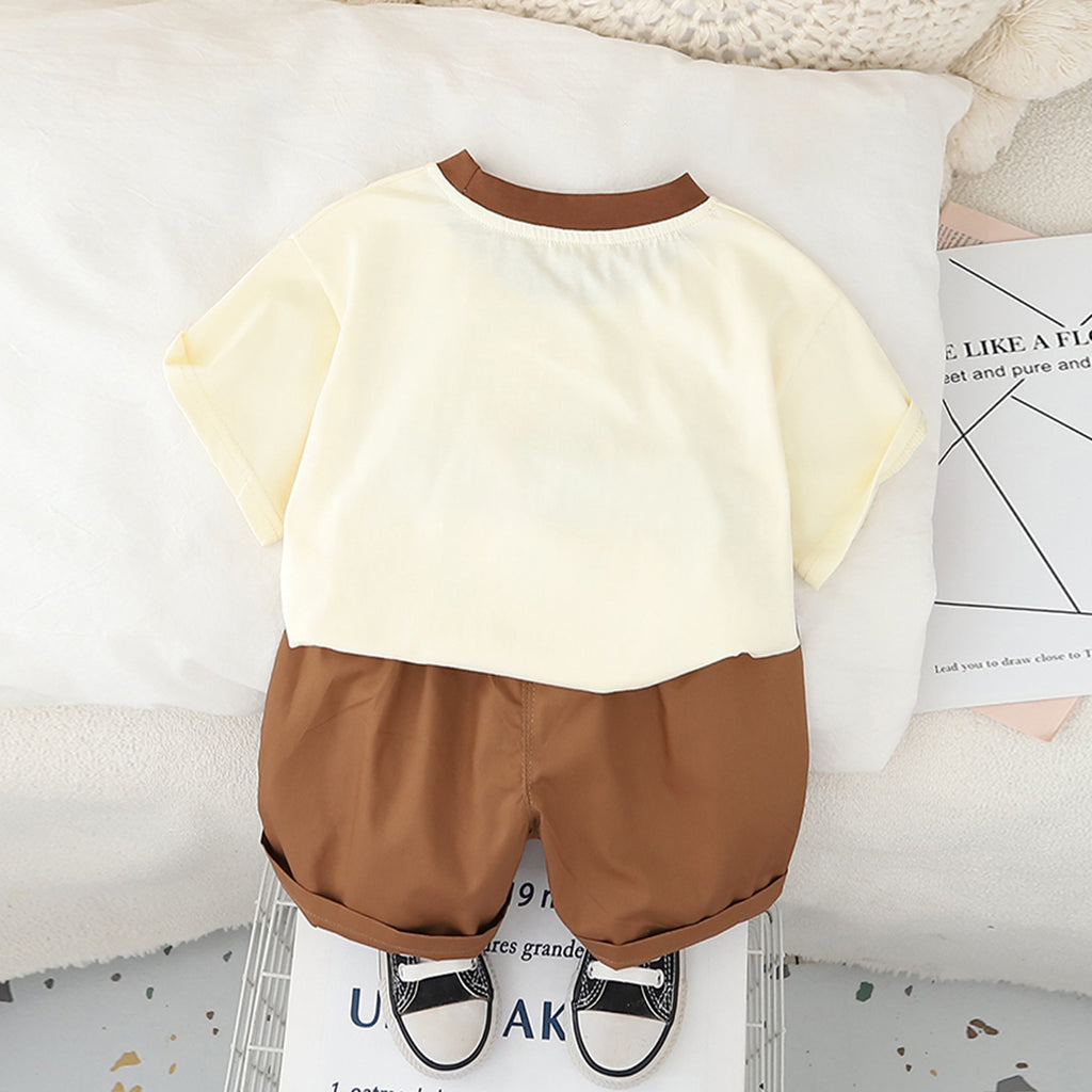 Boys Graphic Printed Pouch Pocket T-Shirt With Brown Shorts Set 2 pc. Sets