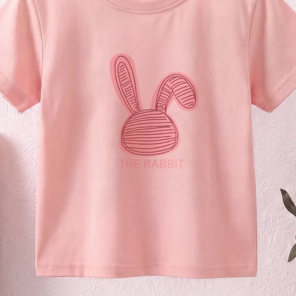 Girls Pink Rabbit Print Short Sleeve T-Shirt Tshirts