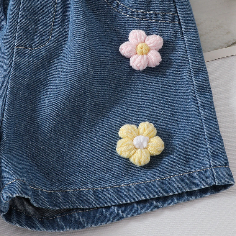 Girls Pink Flowers Applique Short Sleeves Top With Denim Shorts Set Sets