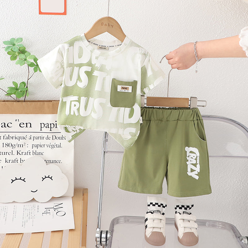 Boys Green Printed Contrast Pocket T-Shirt With Shorts Set 2 pc. Sets Green 1-2 Y