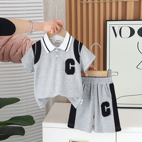 Boys Grey Melange Colourblocked Polo T-shirt with Shorts Set 2 pc. Sets Grey 1-2 Y