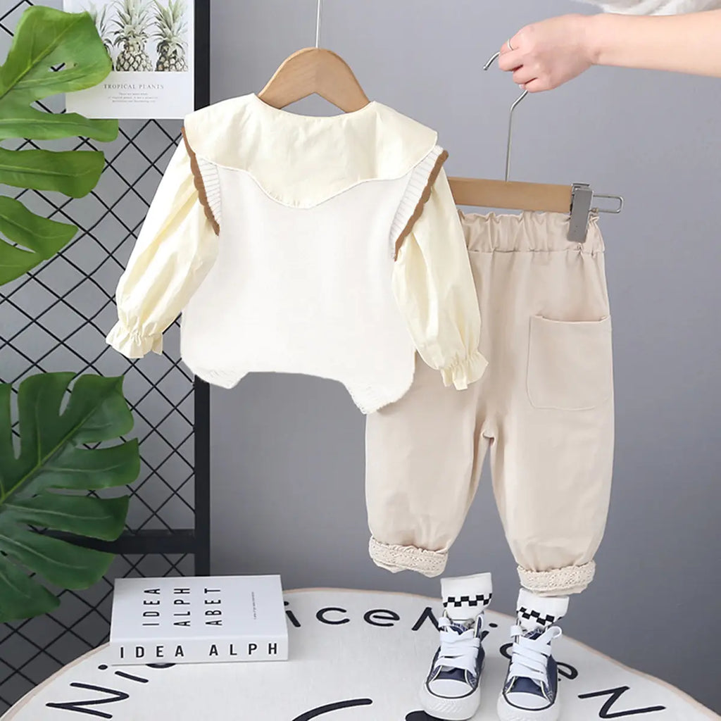 Girls White Floral Embroidered Sweater Vest With Top & Pants Set Sets