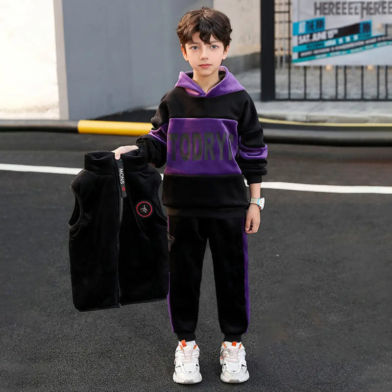 Boys Purple Typographic Printed Hooded Sweatshirt With Vest & Jogger Sets Sets Purple 5-6 Y