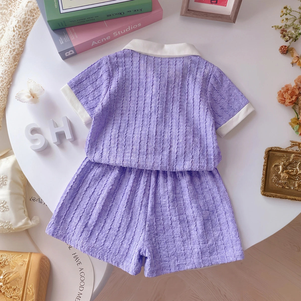 Girls Purple Short Sleeve Textured Polo T-Shirt With Shorts Sets 2 pc. Sets