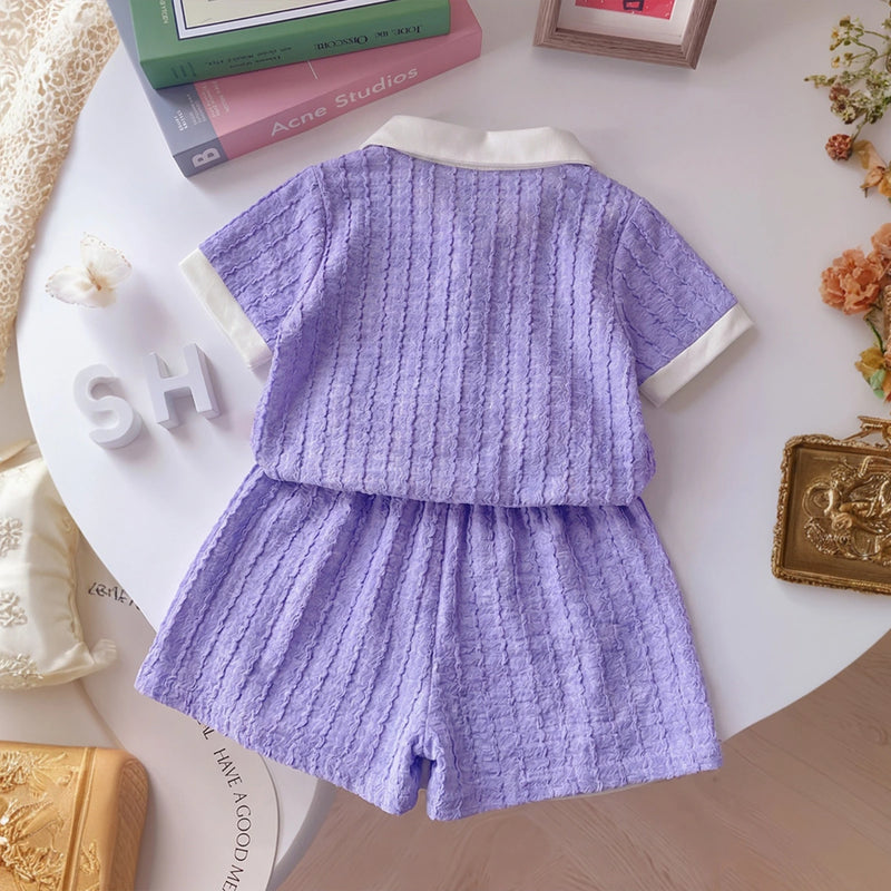Girls Purple Short Sleeve Textured Polo T-Shirt With Shorts Sets 2 pc. Sets