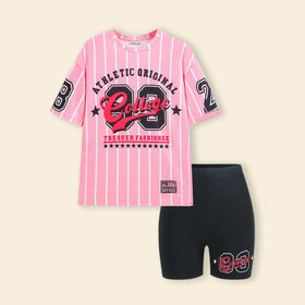 Girls Pink Alphanumeric Printed T-Shirt With Shorts Sets Sets