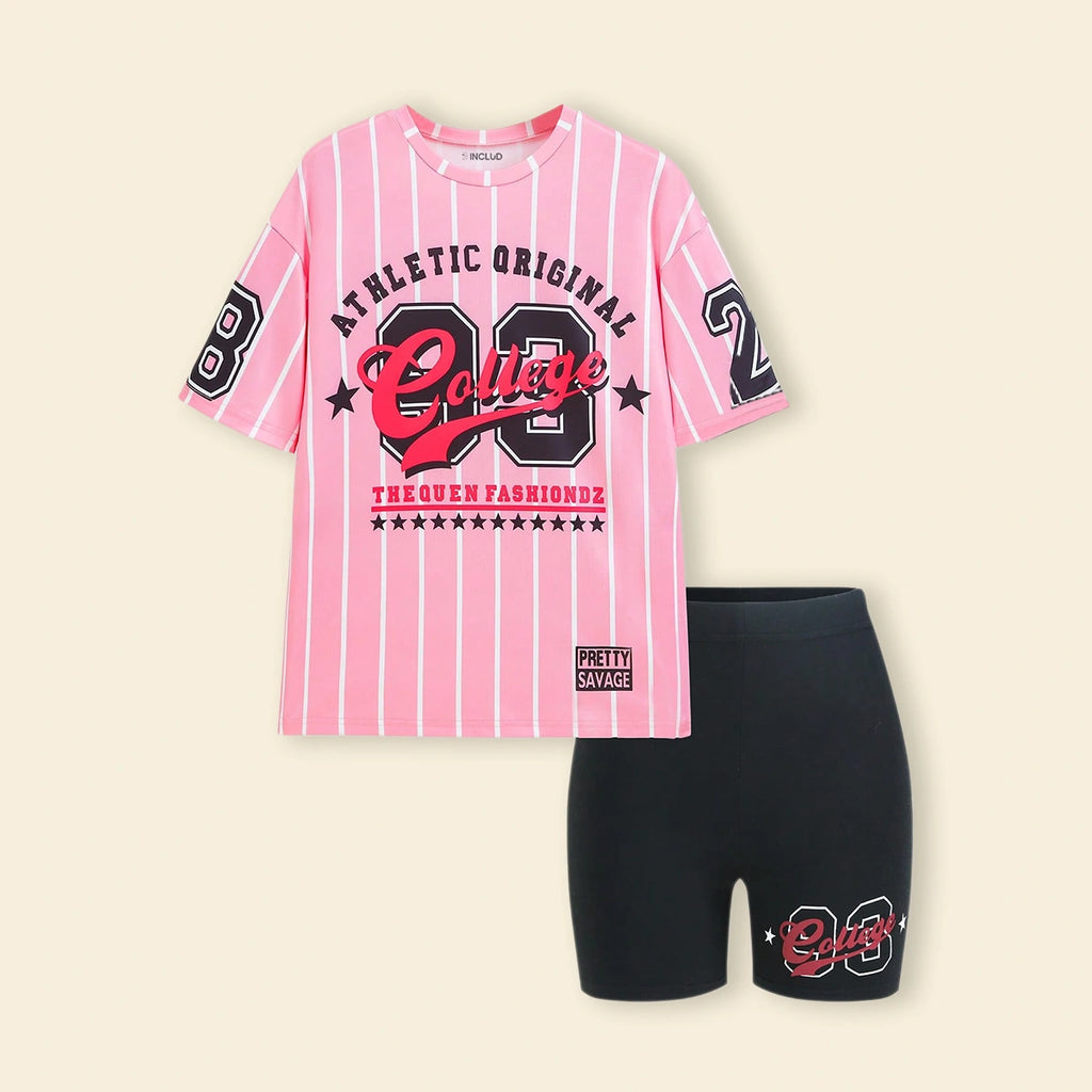 Girls Pink Alphanumeric Printed T-Shirt With Shorts Sets Sets