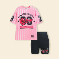 Girls Pink Alphanumeric Printed T-Shirt With Shorts Sets Sets