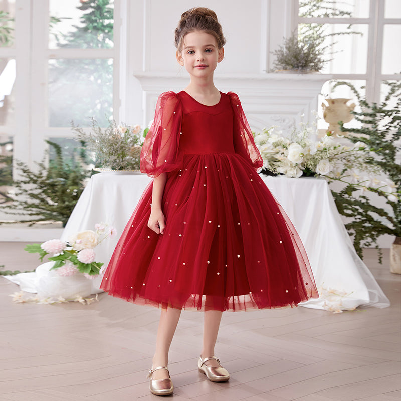 red party wear dress Girls Red Tulle Party Wear Dress With Pearls Stitch – INCLUD