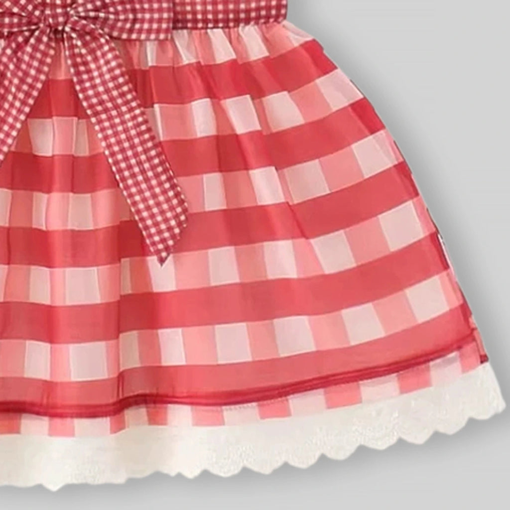 Girls Red Checked Cherry Applique Sleeveless Fit & Flare Dress Casual Dresses