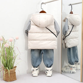 Boys Beige Hooded Sleeveless Puffer Vest With Patch Pockets Coats & Jackets
