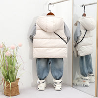 Boys Beige Hooded Sleeveless Puffer Vest With Patch Pockets Coats & Jackets