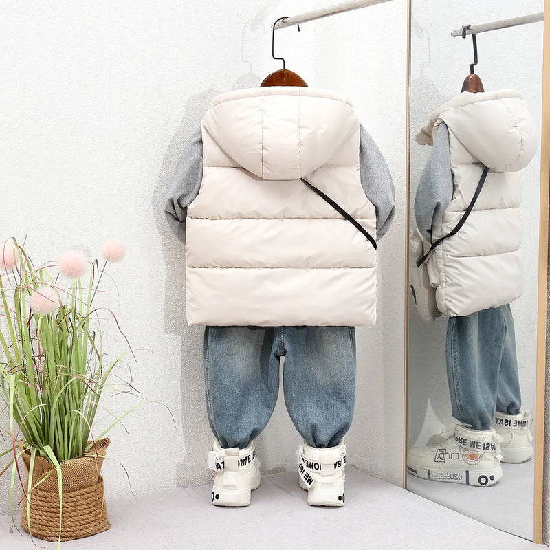 Boys Beige Hooded Sleeveless Puffer Vest With Patch Pockets Coats & Jackets