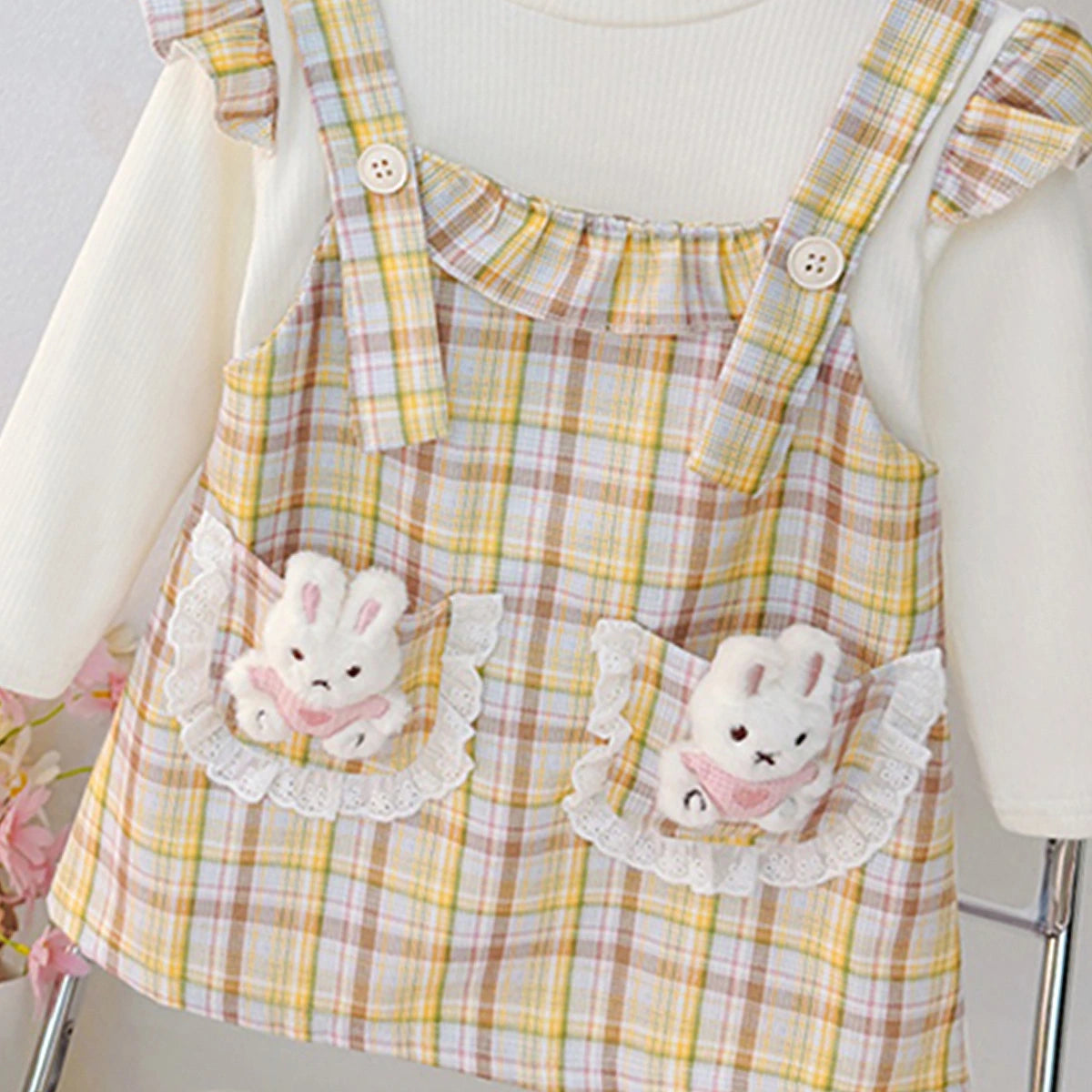 Girls Yellow Checked Bunny Applique Round Neck Pinafore Dress Casual Dresses