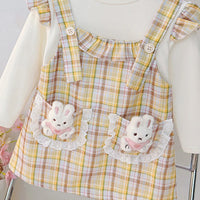 Girls Yellow Checked Bunny Applique Round Neck Pinafore Dress Casual Dresses