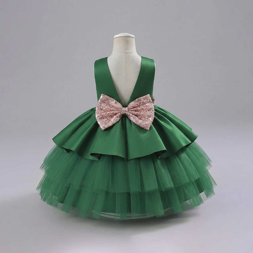 Girls Dark Green Flared Party Wear Dress With Sequin Bow Party Dresses