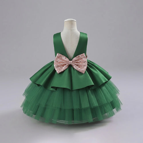 Girls Dark Green Flared Party Wear Dress With Sequin Bow Party Dresses