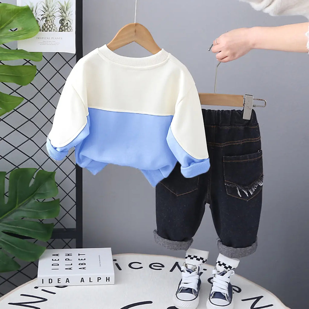 Boys Blue Graphics Printed Sweatshirt With Denim Pants Set Sets