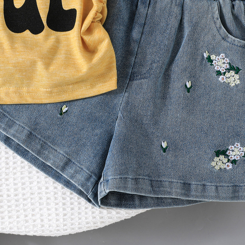 Girls Yellow Printed T-shirt with Embroidered Denim Shorts Set Sets