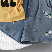 Girls Yellow Printed T-shirt with Embroidered Denim Shorts Set Sets