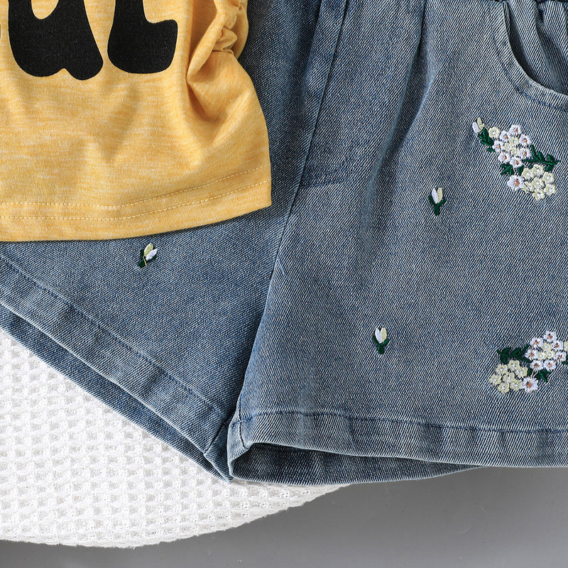 Girls Yellow Printed T-shirt with Embroidered Denim Shorts Set Sets