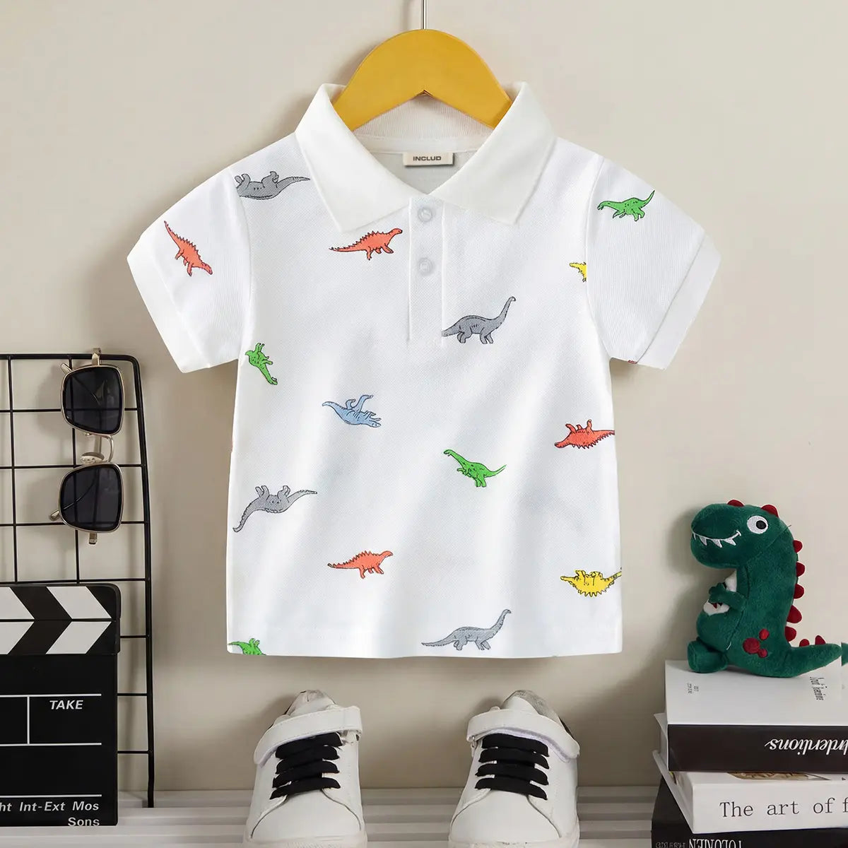 Boys White Allover Dinosaur Printed Short Sleeves Polo T-Shirt Tshirts White 1-2 Y