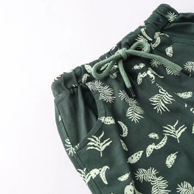 Boys Green Typographic Printed Short Sleeves T-Shirt With Pinted Drawstring Shorts Sets Sets