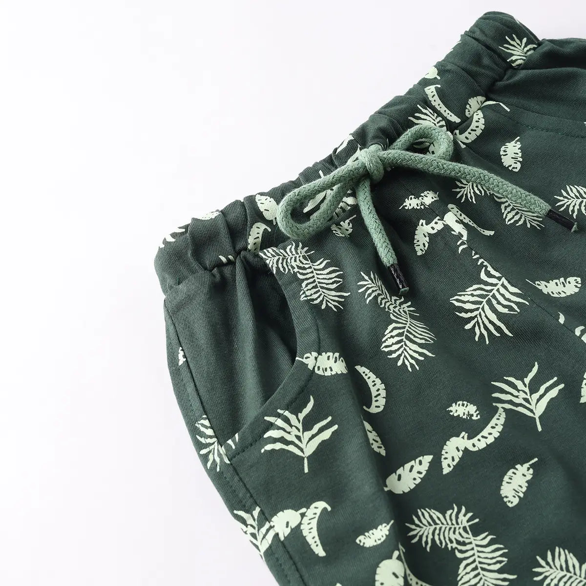 Boys Green Typographic Printed Short Sleeves T-Shirt With Pinted Drawstring Shorts Sets Sets