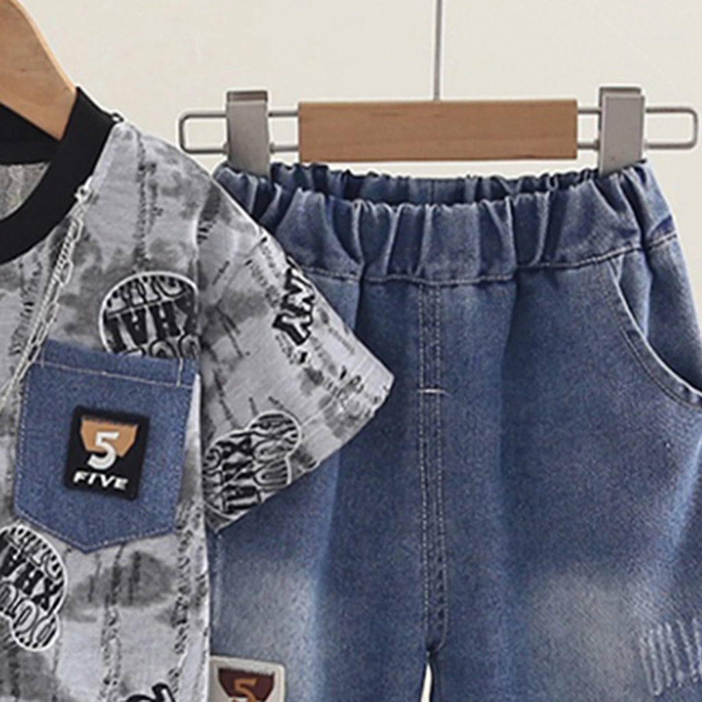 Boys Grey Typographic Print T-Shirt With Distressed Denim Shorts Set Sets