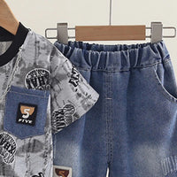 Boys Grey Typographic Print T-Shirt With Distressed Denim Shorts Set Sets