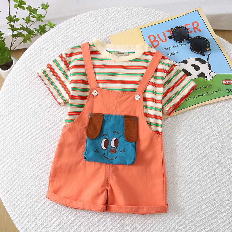 Boys Orange Striped T-shirt with Puppy Patch Dungaree Set Sets Orange 1-2 Y